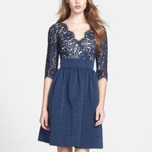 Eliza J navy lace faille fit and flare dress